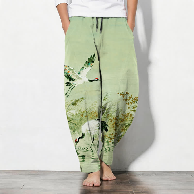 Buddha Stones Pantalones de hombre de algodón puro con estampado de grullas y cordones, corte ajustado y bolsillos. - Verde pálido - US/UK/AU50, EU60 (5XL) - image 14