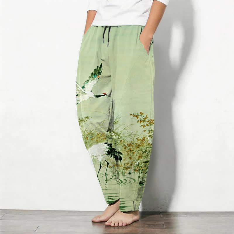 Buddha Stones Pantalones de hombre de algodón puro con estampado de grullas y cordones, corte ajustado y bolsillos. - image 15