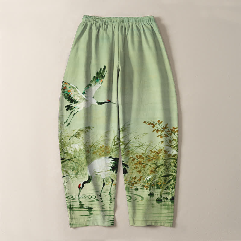 Buddha Stones Pantalones de hombre de algodón puro con estampado de grullas y cordones, corte ajustado y bolsillos. - image 17