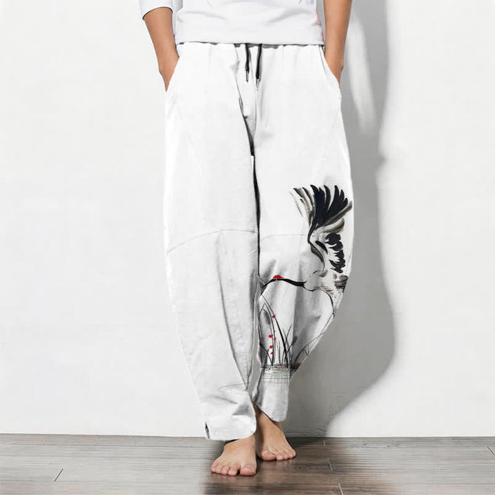 Buddha Stones Pantalones de hombre de algodón puro con estampado de grullas y cordón ajustable, corte cónico y bolsillos. - Blanco - US/UK/AU50, EU60 (5XL) - image 0