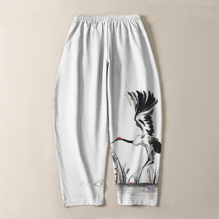 Buddha Stones Pantalones de hombre de algodón puro con estampado de grullas y cordón ajustable, corte cónico y bolsillos. - image 3