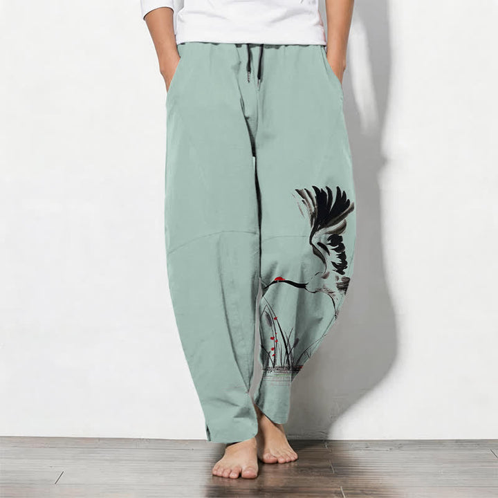 Buddha Stones Pantalones de hombre de algodón puro con estampado de grullas y cordón ajustable, corte cónico y bolsillos. - Aguamarina - US/UK/AU50, EU60 (5XL) - image 7
