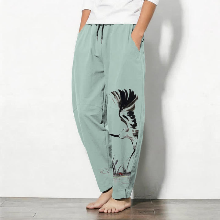 Buddha Stones Pantalones de hombre de algodón puro con estampado de grullas y cordón ajustable, corte cónico y bolsillos. - image 8