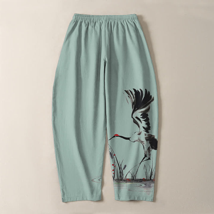 Buddha Stones Pantalones de hombre de algodón puro con estampado de grullas y cordón ajustable, corte cónico y bolsillos. - image 10