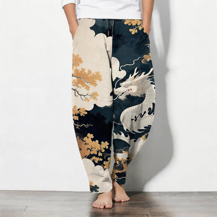 Buddha Stones Pantalones de hombre de algodón puro con estampado de dragón oriental y nubes, con cordón ajustable y corte ajustado, bolsillos. - Marina de guerra - US/UK/AU50, EU60 (5XL) - image 0