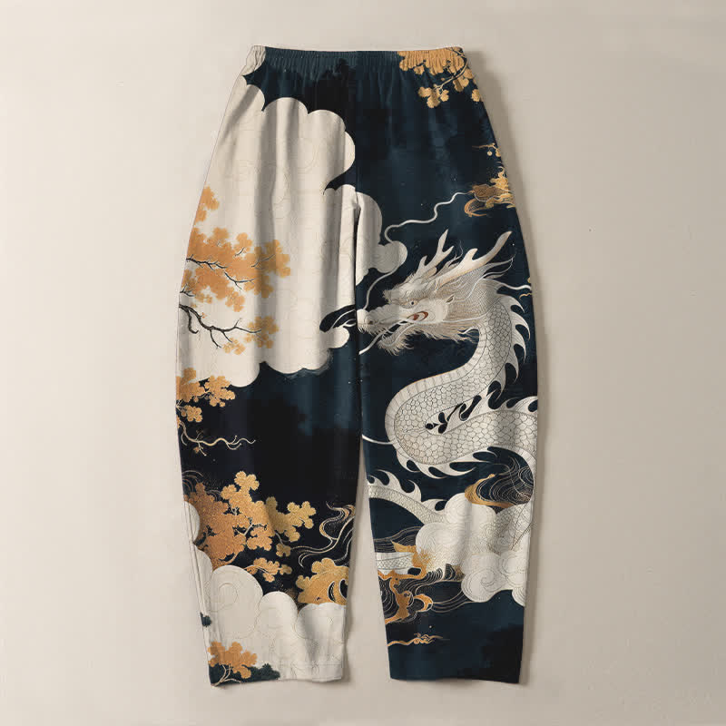 Buddha Stones Pantalones de hombre de algodón puro con estampado de dragón oriental y nubes, con cordón ajustable y corte ajustado, bolsillos. - image 3