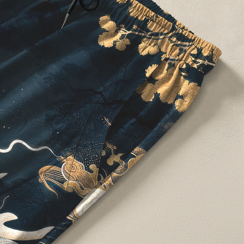 Buddha Stones Pantalones de hombre de algodón puro con estampado de dragón oriental y nubes, con cordón ajustable y corte ajustado, bolsillos. - image 4