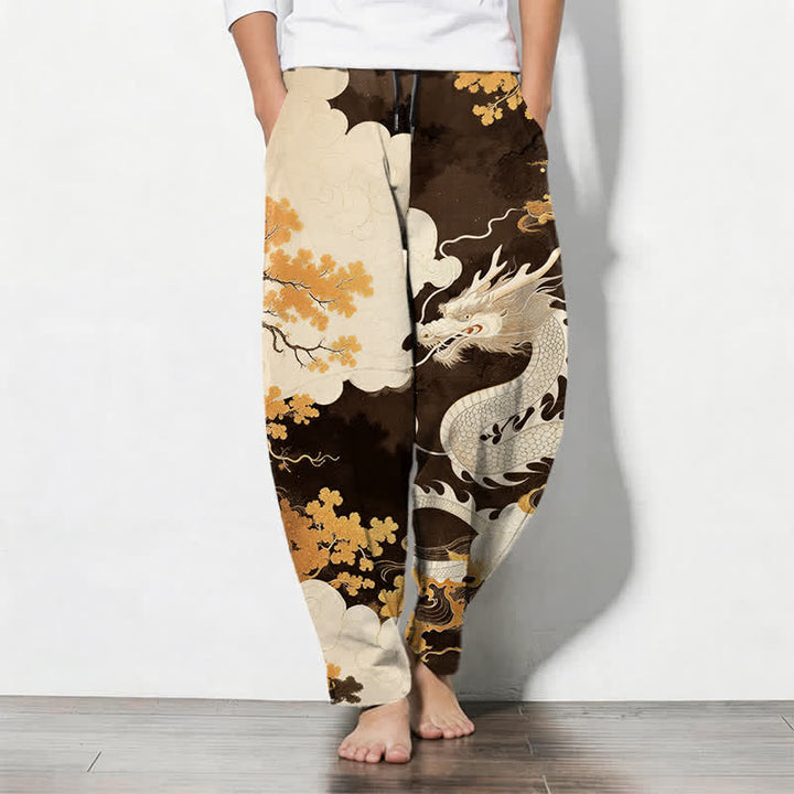 Buddha Stones Pantalones de hombre de algodón puro con estampado de dragón oriental y nubes, con cordón ajustable y corte ajustado, bolsillos. - Marrón silla de montar - US/UK/AU50, EU60 (5XL) - image 7