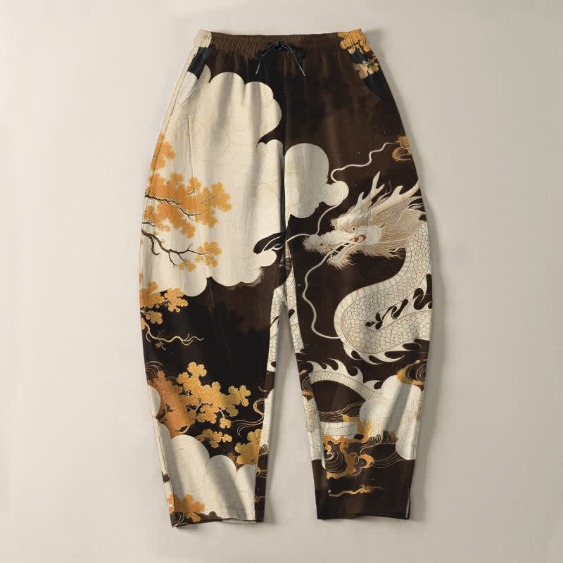 Buddha Stones Pantalones de hombre de algodón puro con estampado de dragón oriental y nubes, con cordón ajustable y corte ajustado, bolsillos. - image 9
