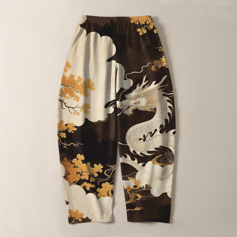 Buddha Stones Pantalones de hombre de algodón puro con estampado de dragón oriental y nubes, con cordón ajustable y corte ajustado, bolsillos. - image 10