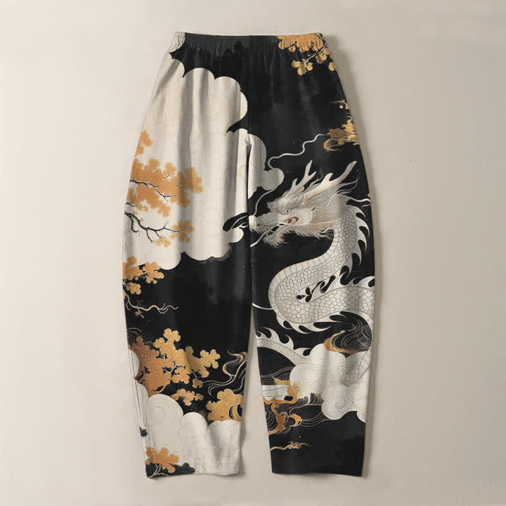 Buddha Stones Pantalones de hombre de algodón puro con estampado de dragón oriental y nubes, con cordón ajustable y corte ajustado, bolsillos. - image 14