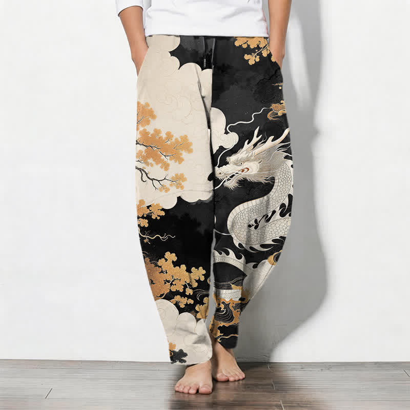 Buddha Stones Pantalones de hombre de algodón puro con estampado de dragón oriental y nubes, con cordón ajustable y corte ajustado, bolsillos. - Negro - US/UK/AU50, EU60 (5XL) - image 11