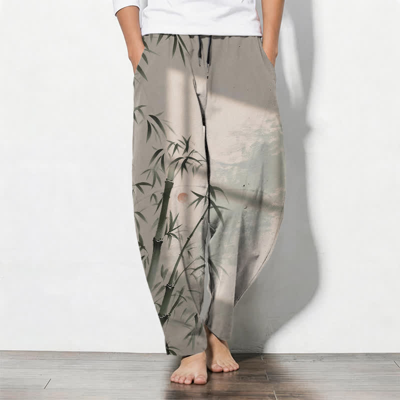 Buddha Stones Pantalones de hombre de algodón puro con estampado de bambú, cordón ajustable y corte cónico, con bolsillos. - Broncearse - US/UK/AU50, EU60 (5XL) - image 0