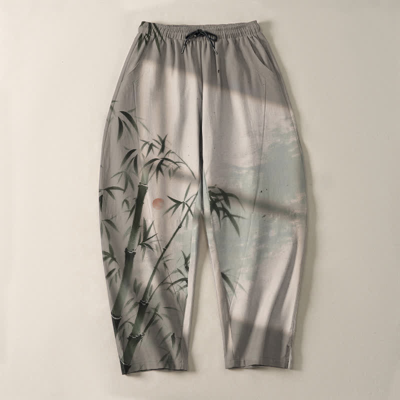 Buddha Stones Pantalones de hombre de algodón puro con estampado de bambú, cordón ajustable y corte cónico, con bolsillos. - image 2