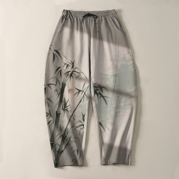 Buddha Stones Pantalones de hombre de algodón puro con estampado de bambú, cordón ajustable y corte cónico, con bolsillos. - image 2