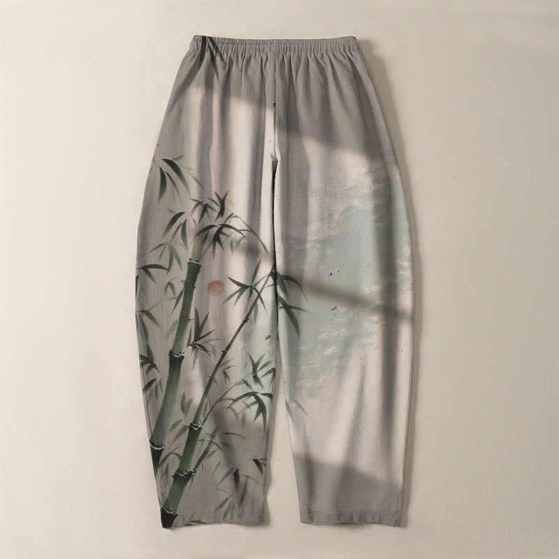 Buddha Stones Pantalones de hombre de algodón puro con estampado de bambú, cordón ajustable y corte cónico, con bolsillos. - image 3