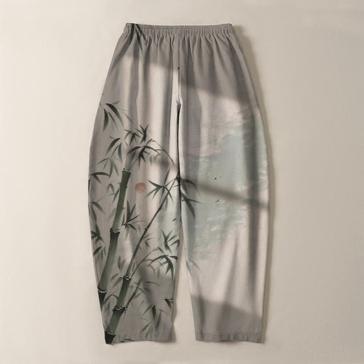 Buddha Stones Pantalones de hombre de algodón puro con estampado de bambú, cordón ajustable y corte cónico, con bolsillos. - image 3