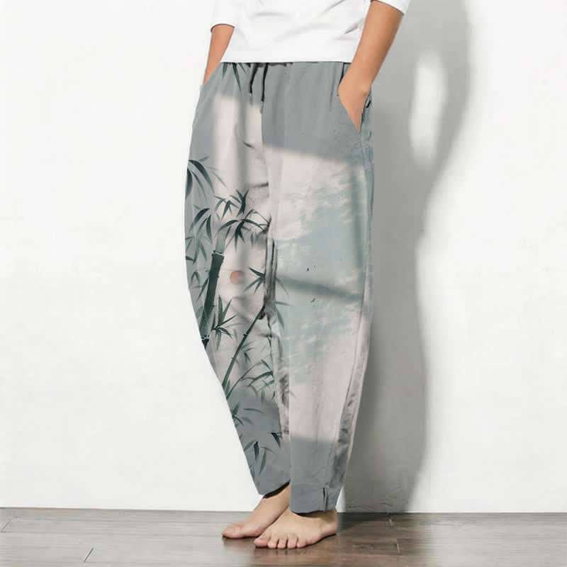 Buddha Stones Pantalones de hombre de algodón puro con estampado de bambú, cordón ajustable y corte cónico, con bolsillos. - image 8