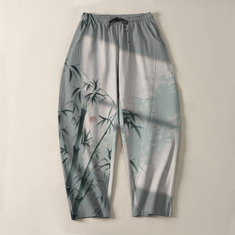 Buddha Stones Pantalones de hombre de algodón puro con estampado de bambú, cordón ajustable y corte cónico, con bolsillos. - image 9
