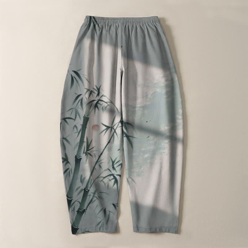 Buddha Stones Pantalones de hombre de algodón puro con estampado de bambú, cordón ajustable y corte cónico, con bolsillos. - image 10