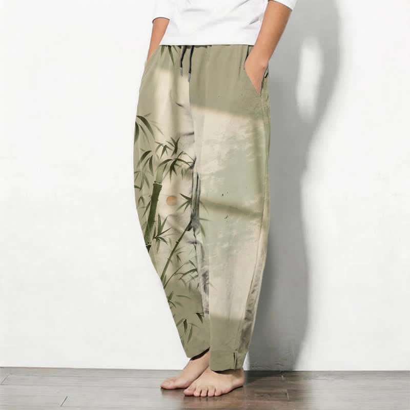 Buddha Stones Pantalones de hombre de algodón puro con estampado de bambú, cordón ajustable y corte cónico, con bolsillos. - image 12