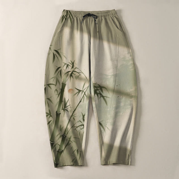 Buddha Stones Pantalones de hombre de algodón puro con estampado de bambú, cordón ajustable y corte cónico, con bolsillos. - image 13
