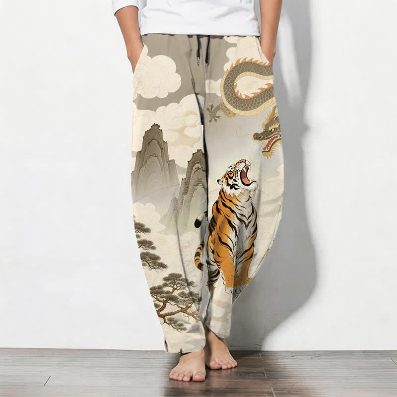Buddha Stones Pantalones de hombre de algodón puro con estampado de paisaje de tigre y dragón, cordón ajustable y corte cónico, con bolsillos. - Broncearse - US/UK/AU50, EU60 (5XL) - image 0