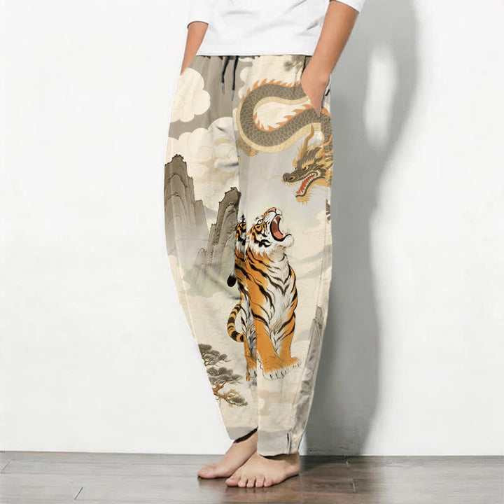 Buddha Stones Pantalones de hombre de algodón puro con estampado de paisaje de tigre y dragón, cordón ajustable y corte cónico, con bolsillos. - image 1