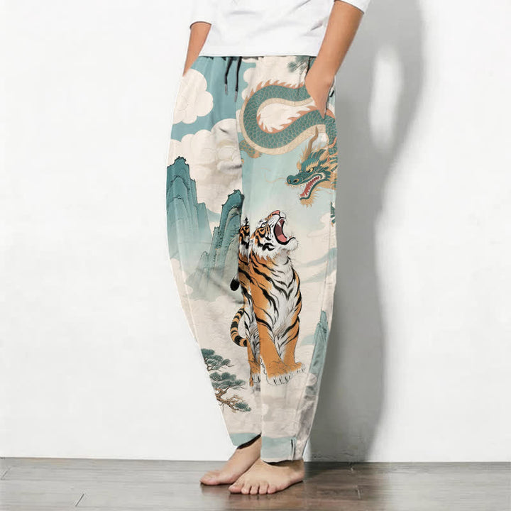 Buddha Stones Pantalones de hombre de algodón puro con estampado de paisaje de tigre y dragón, cordón ajustable y corte cónico, con bolsillos. - image 8