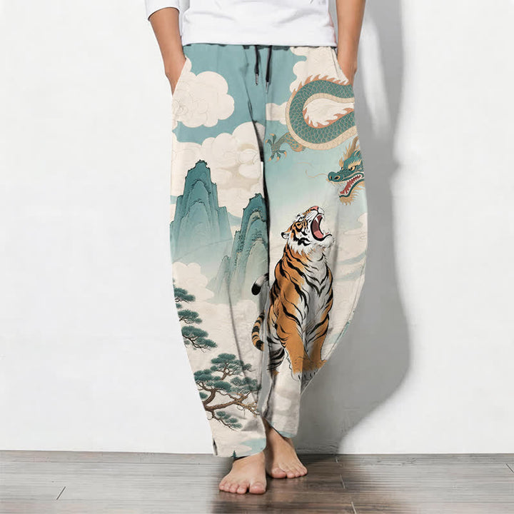 Buddha Stones Pantalones de hombre de algodón puro con estampado de paisaje de tigre y dragón, cordón ajustable y corte cónico, con bolsillos. - Turquesa pálido - US/UK/AU50, EU60 (5XL) - image 7