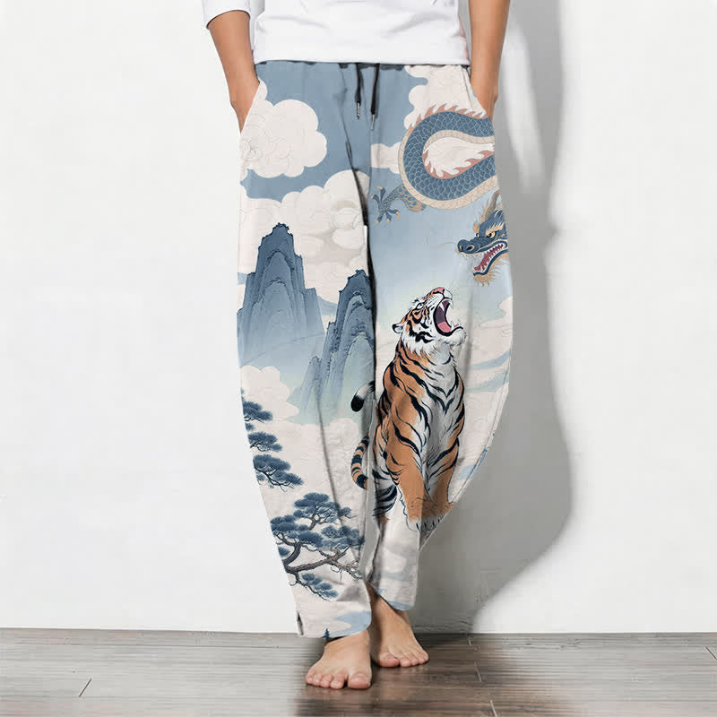 Buddha Stones Pantalones de hombre de algodón puro con estampado de paisaje de tigre y dragón, cordón ajustable y corte cónico, con bolsillos. - Azul claro - US/UK/AU50, EU60 (5XL) - image 14