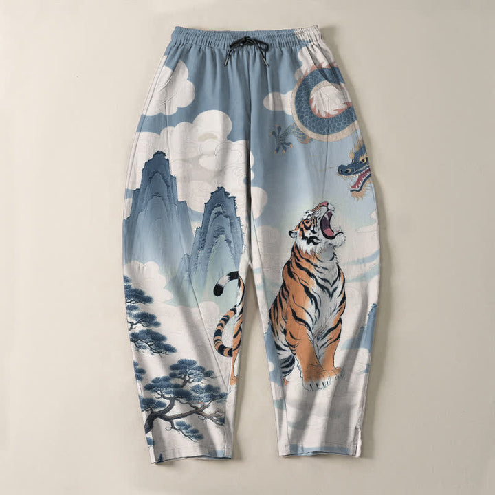 Buddha Stones Pantalones de hombre de algodón puro con estampado de paisaje de tigre y dragón, cordón ajustable y corte cónico, con bolsillos. - image 16