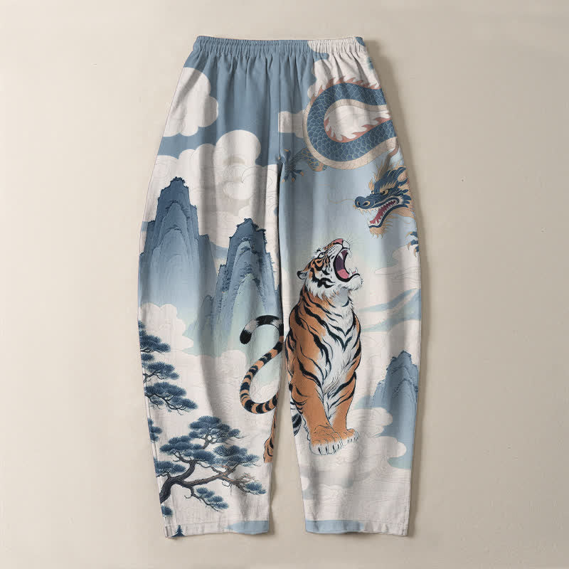 Buddha Stones Pantalones de hombre de algodón puro con estampado de paisaje de tigre y dragón, cordón ajustable y corte cónico, con bolsillos. - image 17