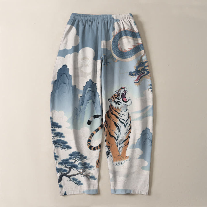 Buddha Stones Pantalones de hombre de algodón puro con estampado de paisaje de tigre y dragón, cordón ajustable y corte cónico, con bolsillos. - image 17