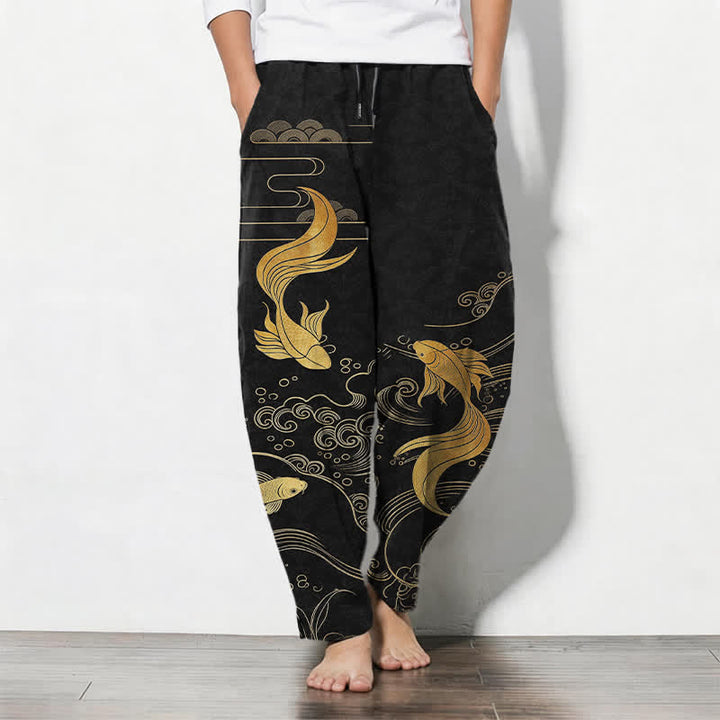 Buddha Stones Pantalones de hombre de algodón puro con estampado de olas y peces koi dorados, cordón ajustable y corte cónico, con bolsillos. - Negro - US/UK/AU50, EU60 (5XL) - image 0