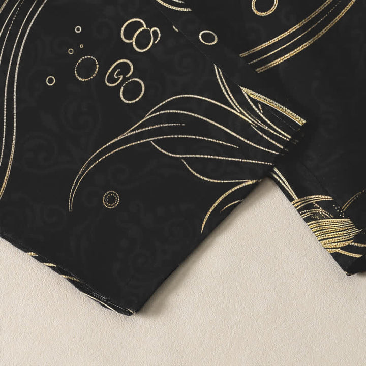 Buddha Stones Pantalones de hombre de algodón puro con estampado de olas y peces koi dorados, cordón ajustable y corte cónico, con bolsillos. - image 5