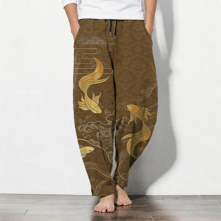 Buddha Stones Pantalones de hombre de algodón puro con estampado de olas y peces koi dorados, cordón ajustable y corte cónico, con bolsillos. - Marrón silla de montar - US/UK/AU50, EU60 (5XL) - image 7