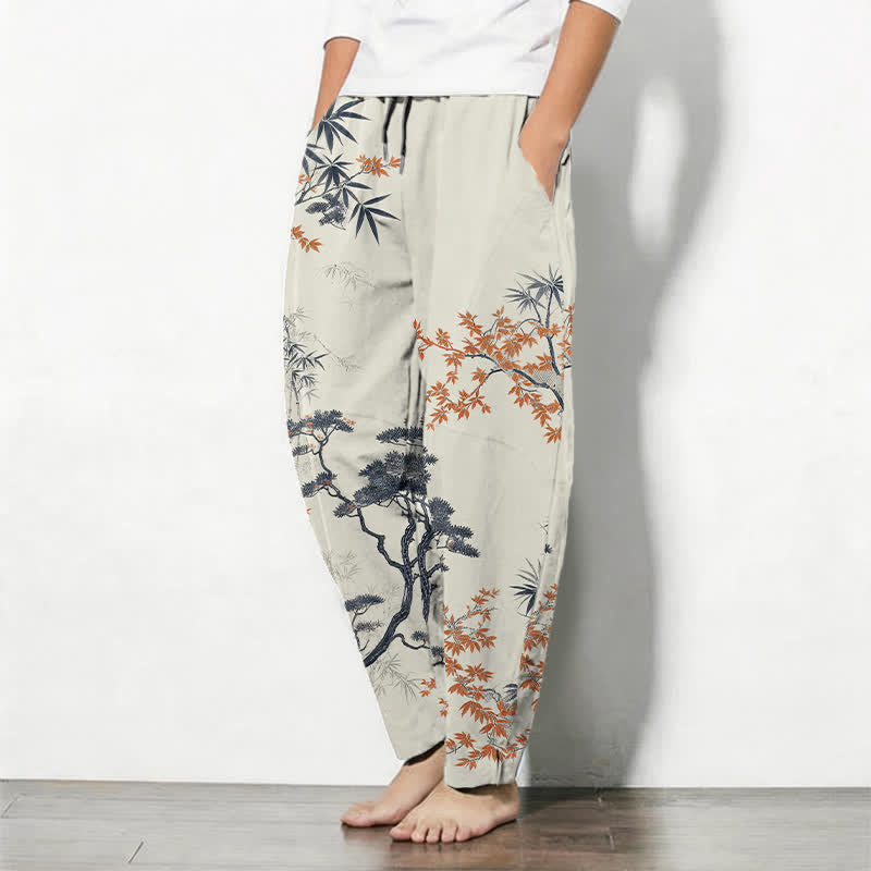 Buddha Stones Pantalones de hombre de algodón puro con estampado de arce, bambú y pino, con cordón ajustable y bolsillos. - image 1