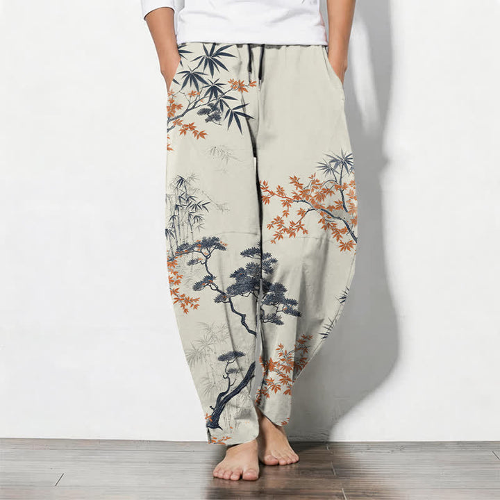 Buddha Stones Pantalones de hombre de algodón puro con estampado de arce, bambú y pino, con cordón ajustable y bolsillos. - Lino - US/UK/AU50, EU60 (5XL) - image 0