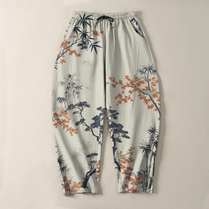 Buddha Stones Pantalones de hombre de algodón puro con estampado de arce, bambú y pino, con cordón ajustable y bolsillos. - image 2
