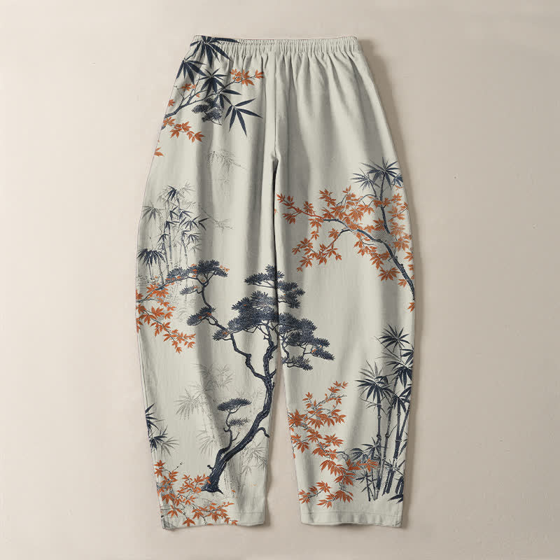 Buddha Stones Pantalones de hombre de algodón puro con estampado de arce, bambú y pino, con cordón ajustable y bolsillos. - image 3
