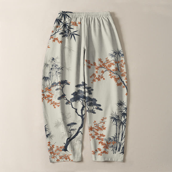 Buddha Stones Pantalones de hombre de algodón puro con estampado de arce, bambú y pino, con cordón ajustable y bolsillos. - image 3