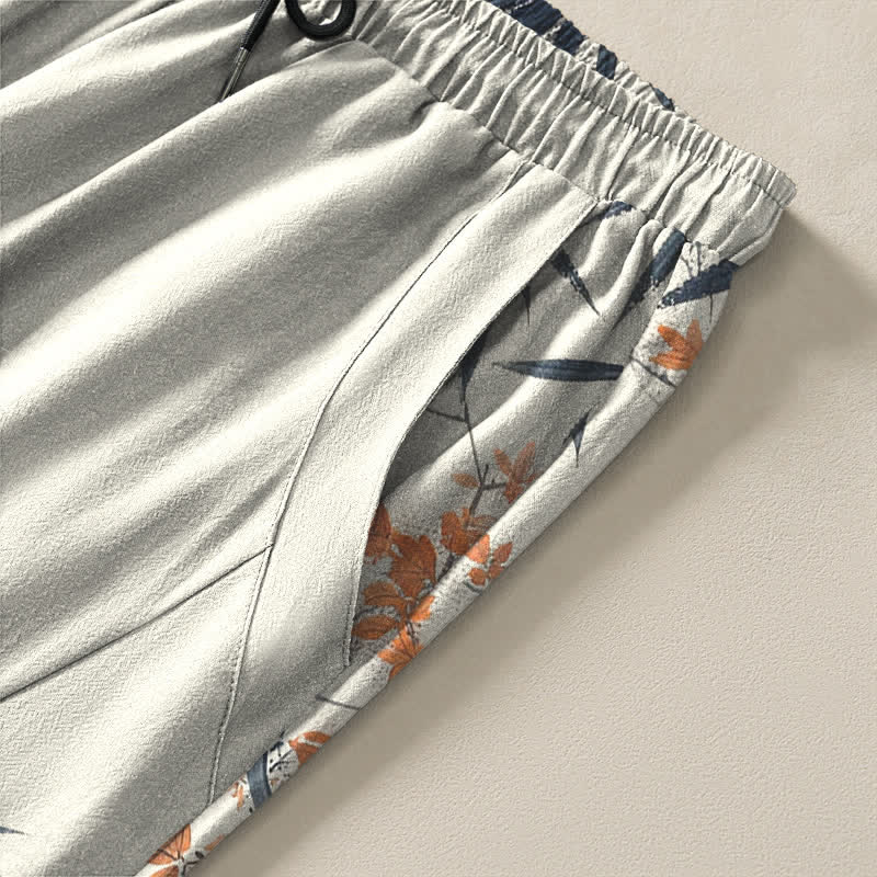 Buddha Stones Pantalones de hombre de algodón puro con estampado de arce, bambú y pino, con cordón ajustable y bolsillos. - image 4