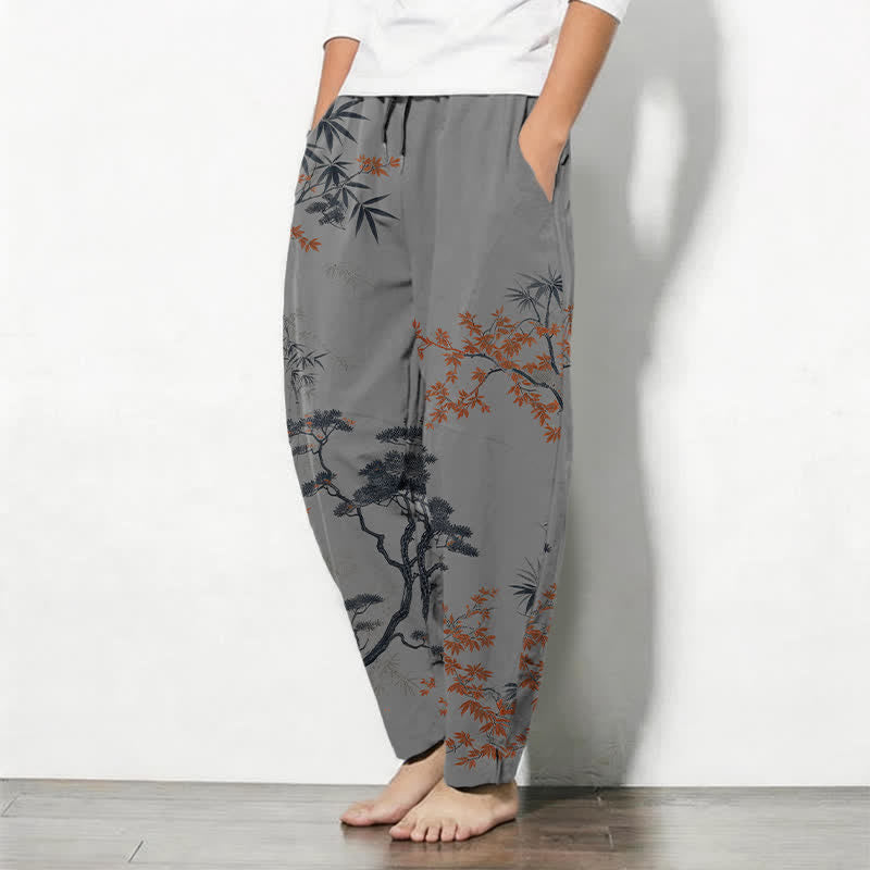 Buddha Stones Pantalones de hombre de algodón puro con estampado de arce, bambú y pino, con cordón ajustable y bolsillos. - image 8