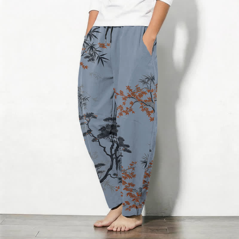 Buddha Stones Pantalones de hombre de algodón puro con estampado de arce, bambú y pino, con cordón ajustable y bolsillos. - image 12