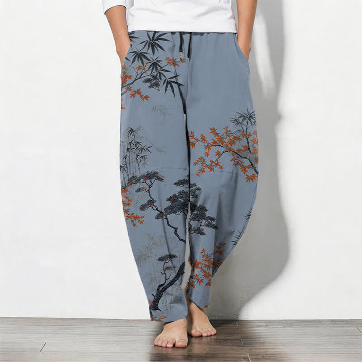 Buddha Stones Pantalones de hombre de algodón puro con estampado de arce, bambú y pino, con cordón ajustable y bolsillos. - Azul acero claro - US/UK/AU50, EU60 (5XL) - image 11