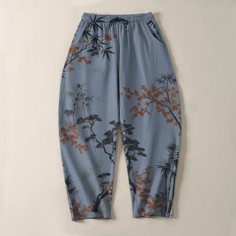Buddha Stones Pantalones de hombre de algodón puro con estampado de arce, bambú y pino, con cordón ajustable y bolsillos. - image 13
