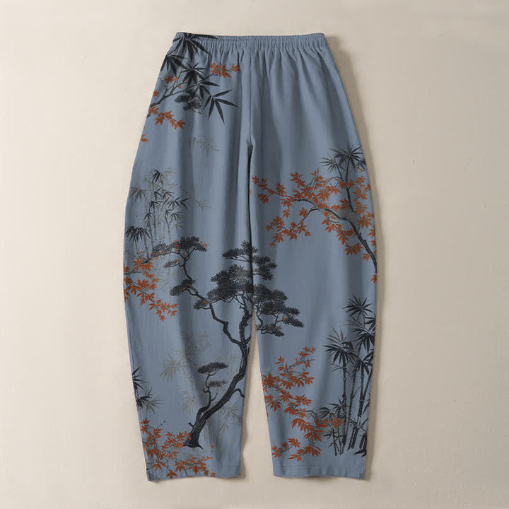 Buddha Stones Pantalones de hombre de algodón puro con estampado de arce, bambú y pino, con cordón ajustable y bolsillos. - image 14