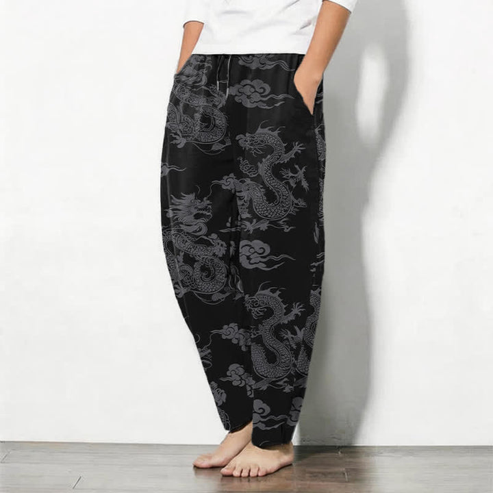 Buddha Stones Pantalones de hombre de algodón puro con estampado de nube de dragón oscuro, cordón ajustable y corte cónico, con bolsillos. - image 1