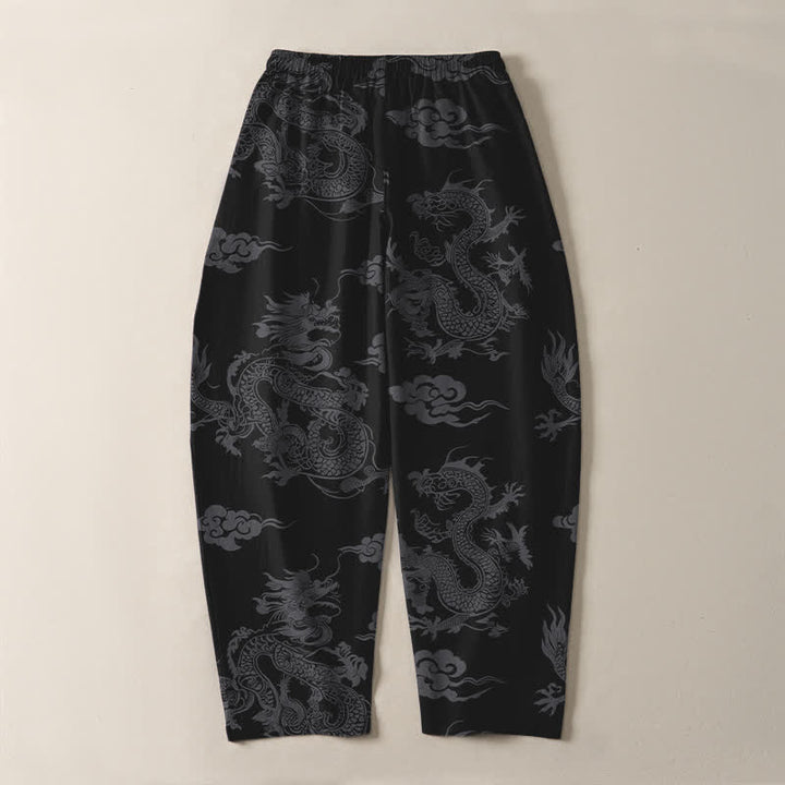 Buddha Stones Pantalones de hombre de algodón puro con estampado de nube de dragón oscuro, cordón ajustable y corte cónico, con bolsillos. - image 3